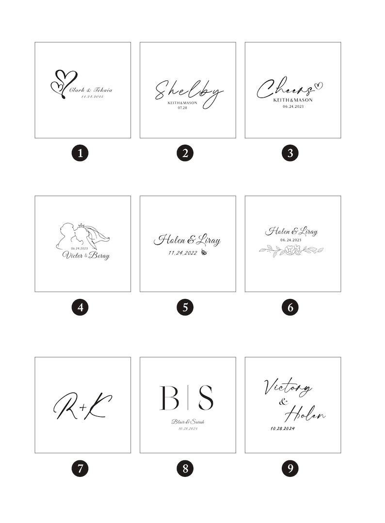 May include: Nine square designs with elegant calligraphy and dates. Designs include names like Clark & Fokaia, Shelby, and Keith & Mason, along with dates such as 06.24.2023 and 10.28.2024. The designs are in black and white.