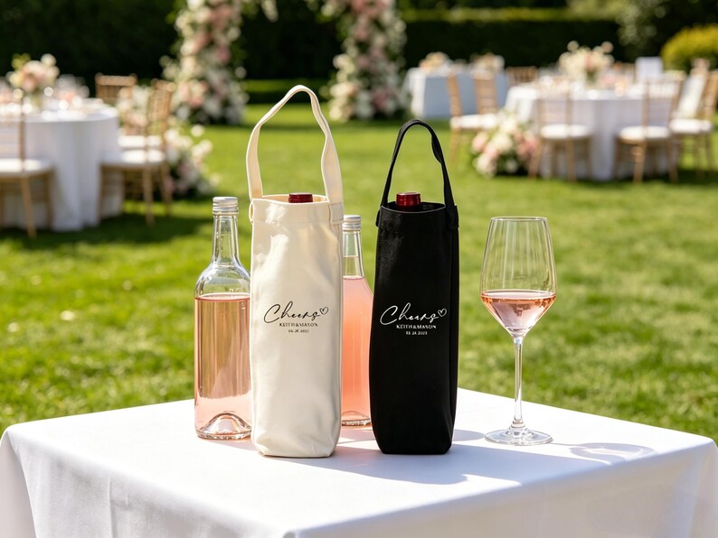 May include: A white table displays wine bottles, wine totes, and a wine glass. The bottles contain pink wine. One tote is black, the other is off-white, both with "Cheers" text. A wedding reception is in the background.