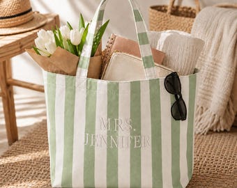 Personalized Wedding Tote Bag, Embroidered Mrs Name Canvas Shopper, Striped Beach Bag, Bride Gift, Bridal Shower or Honeymoon Gift.