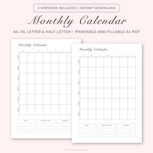 Undated Monthly Calendar, Portrait Printable Calendar Template, Minimalist Monthly Planner PDF, Monday/Sunday Start, A4/A5/Letter/Half