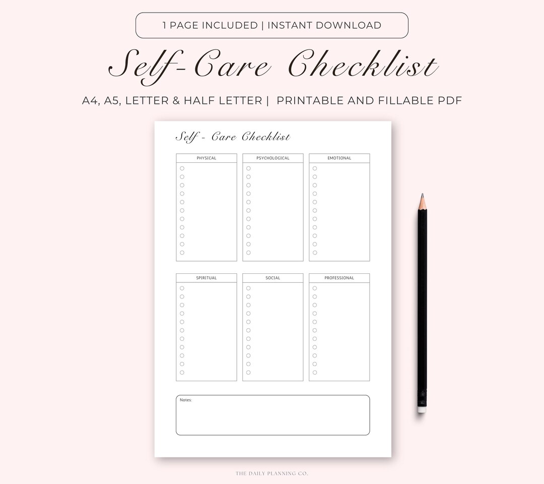 Self Care Checklist Printable, Self Care Planner, Wellbeing Checklist ...