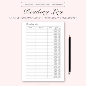 Reading Log Template, Reading Tracker, Book Tracker, Book log, Reading Journal, A4/A5/Letter/Half, Minimalist Fillable Printable PDF