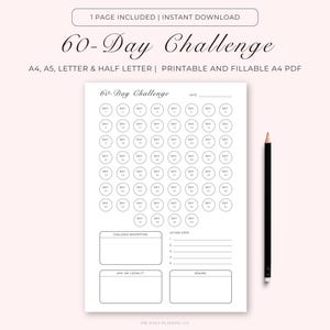 Desafío de 60 días, Establecimiento de metas, Seguimiento de hábitos, Seguimiento de progreso, PDF minimalista imprimible y rellenable, A4/A5/Carta/Media página, Descarga instantánea