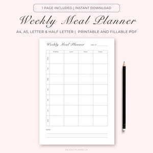 Weekly Meal Planner Printable, 7 Day Menu Planner, Meal Prep Planner, Grocery Planner, Food Planner, A4/A5/Letter/Half, Minimal Fillable PDF