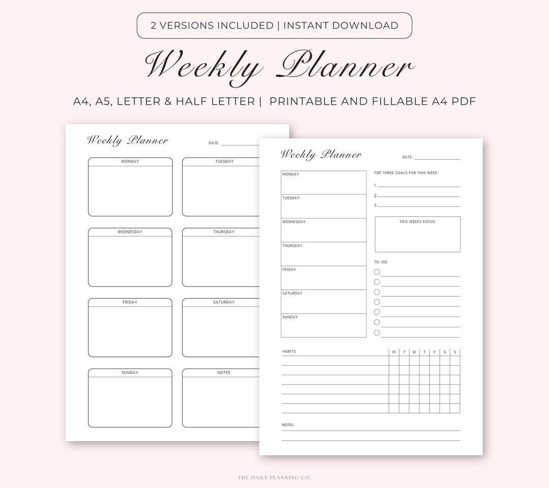 Minimalist Weekly Planner Printable Template (fillable PDF) - Etsy
