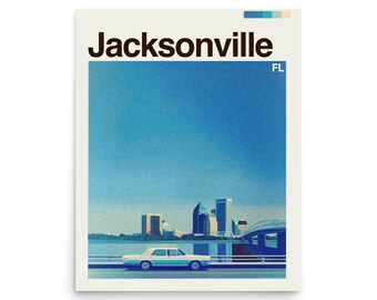 May include: A vintage-style poster featuring the city of Jacksonville, Florida. The poster has a blue and beige color scheme, with the city's name in bold letters at the top. A classic car is driving on a road in front of the city skyline.