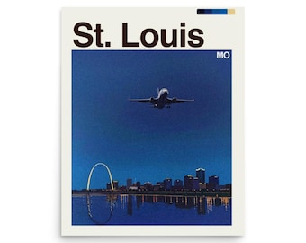 May include: Poster featuring the city of St. Louis, Missouri, at night. The image shows the Gateway Arch, a skyline, and a plane in the sky. The words "St. Louis" are at the top.