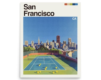 May include: A poster featuring a retro-style illustration of San Francisco. The image shows a tennis court with yellow tennis balls, the city skyline, and the text "San Francisco CA" in a bold font.
