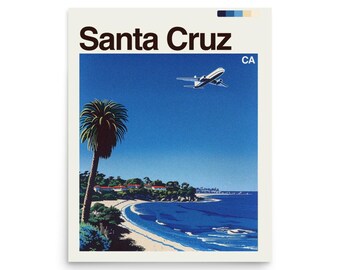 May include: A vintage-style travel poster for Santa Cruz, California. The poster features a palm tree, a beach, and an airplane flying in a blue sky. The words "Santa Cruz" are printed at the top, with "CA" in the upper right corner.