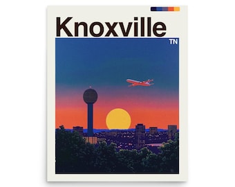 May include: A poster featuring a retro-style illustration of Knoxville, TN, with the city's name in bold letters. The image depicts a sunset with a plane, a tower, and city buildings.