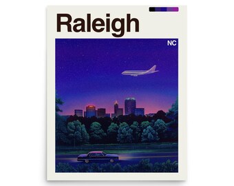 May include: A poster featuring a nighttime cityscape with the word "Raleigh" at the top. A plane flies above the city skyline under a starry sky. A car drives on a road in the foreground, with trees lining the sides.