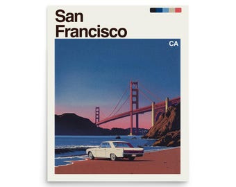 May include: Poster print featuring a retro illustration of the Golden Gate Bridge in San Francisco. The image includes a white car parked on a beach, with the text "San Francisco" and "CA" at the top. The bridge is red, and the sky is a gradient of blue and pink.