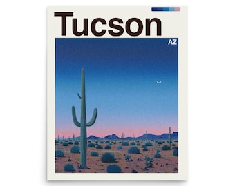 May include: A poster featuring a desert landscape with a large saguaro cactus under a gradient blue and pink sky. The word "Tucson" is printed in dark brown at the top, with "AZ" below. A crescent moon is visible.