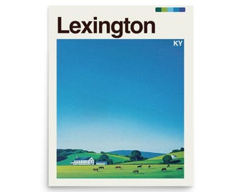 May include: A poster featuring the word "Lexington" in a bold, dark brown font. The image depicts a vibrant landscape with green fields, rolling hills, and a clear blue sky. Several horses graze in the fields, and a white building is visible.