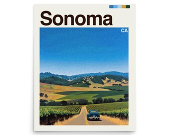 May include: A poster featuring a scenic view of Sonoma, California, with the word "Sonoma" in a bold, brown font. The image showcases a road leading through vineyards and rolling hills under a clear blue sky, with a vintage car.