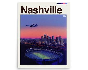 May include: A poster featuring the word "Nashville" in bold, dark brown letters. The image shows a cityscape with a stadium, buildings, and an airplane against a sunset sky. The state abbreviation "TN" is in the upper right corner.