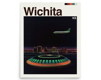 May include: A poster featuring the word "Wichita" in a bold, brown font. The image depicts a nighttime cityscape with a green and white airplane flying above. A futuristic-looking building is in the foreground.