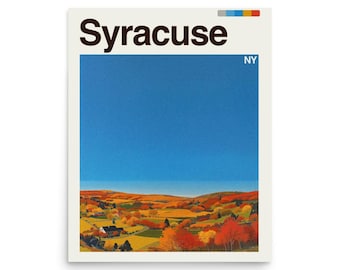May include: A poster featuring the word "Syracuse" in bold, black letters above a landscape scene. The landscape depicts rolling hills with autumn foliage under a clear blue sky. The state abbreviation "NY" is in the upper right corner.