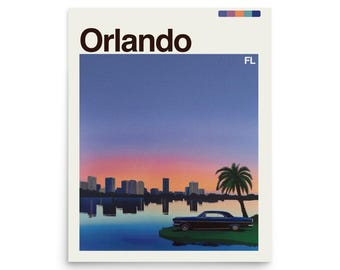 May include: A poster featuring a retro-style illustration of Orlando, Florida. The artwork depicts a cityscape silhouette against a sunset sky, a car, palm tree, and a body of water. The word "Orlando" is at the top.