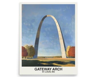 May include: A print of the Gateway Arch in St. Louis, Missouri, against a blue sky. The arch is a light gray color, and the print includes the text "Gateway Arch, St. Louis, MO" at the bottom. Trees with red and yellow leaves are on either side.