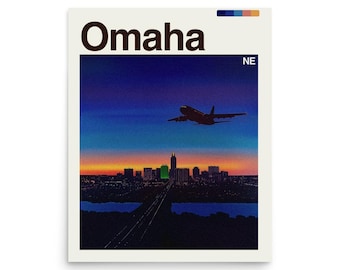 May include: A poster featuring the word "Omaha" in a bold font above a cityscape silhouette at sunset. A plane flies across a gradient sky of blue, orange, and purple. The letters "NE" are in the upper right corner.