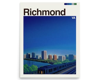 May include: A poster featuring the word "Richmond" in a bold, brown font above a cityscape illustration. The artwork depicts a blue sky, a river, buildings, and a train. The letters "VA" are in the upper right corner.
