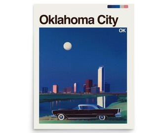 May include: Poster print featuring a vintage car in front of the Oklahoma City skyline at dusk. The poster has the words "Oklahoma City" in large, bold letters, with "OK" in the upper right corner. The sky is a deep blue with a full moon.