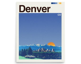 May include: A vintage-style poster featuring the word "Denver" in bold, dark brown letters. The image depicts a cityscape with mountains, a setting sun, and a classic car. The sky is a gradient of blue, and the overall aesthetic is retro.
