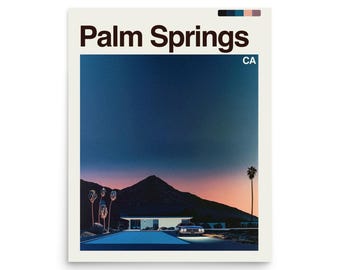 May include: A poster featuring a scenic view of Palm Springs, California, with the text "Palm Springs" in a bold, brown font. The image depicts a house, a car, palm trees, and a mountain under a gradient sky of blue and orange.