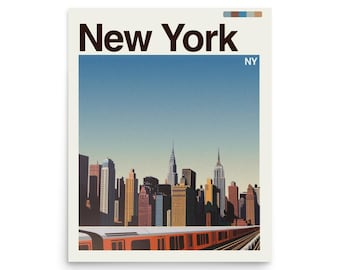 May include: A poster featuring the New York City skyline with the text "New York" in a bold, dark brown font. The image includes a stylized depiction of the city's skyscrapers, a blue sky, and an orange subway train.