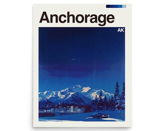 May include: A poster featuring the word "Anchorage" in bold, dark brown letters. The image depicts a snowy mountain range under a dark blue sky, with a city skyline and a vintage car in the foreground. The letters "AK" are in the top right corner.