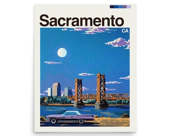 May include: A poster featuring a vintage illustration of Sacramento, CA. The artwork depicts the Tower Bridge, a purple classic car, and a cityscape under a blue sky with a full moon. The word "Sacramento" is prominently displayed at the top.