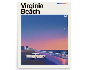 May include: A poster featuring a retro-style illustration of Virginia Beach. The artwork depicts a white car parked on the beach at sunset, with the text "Virginia Beach" at the top. The sky transitions from blue to pink.