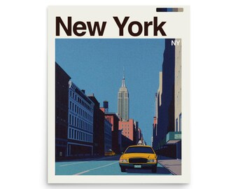 May include: A poster featuring a street scene in New York City. The image shows a yellow taxi cab driving down a street lined with buildings, with the Empire State Building in the background. The word "New York" is at the top.