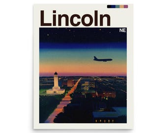 May include: A vintage-style poster featuring the city of Lincoln, Nebraska. The artwork depicts a nighttime cityscape with a silhouetted airplane flying across a gradient sky. The word "Lincoln" is prominently displayed at the top, with "NE" below.