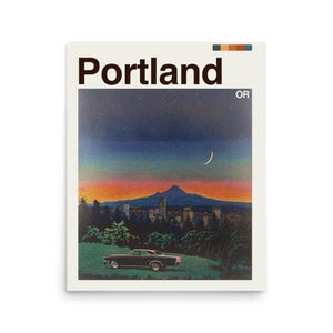 May include: A poster featuring a vintage illustration of Portland, Oregon. The artwork depicts a night scene with a crescent moon, a car, and a city skyline under a starry sky. The word "Portland" is prominently displayed.