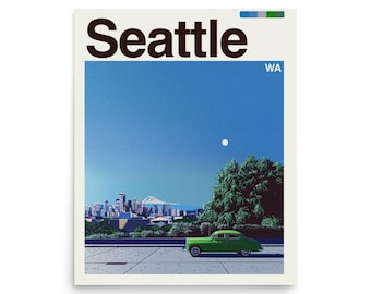 May include: A poster featuring a retro-style illustration of Seattle, Washington. The artwork depicts a green car, city skyline, and mountain under a blue sky. The word "Seattle" is at the top.