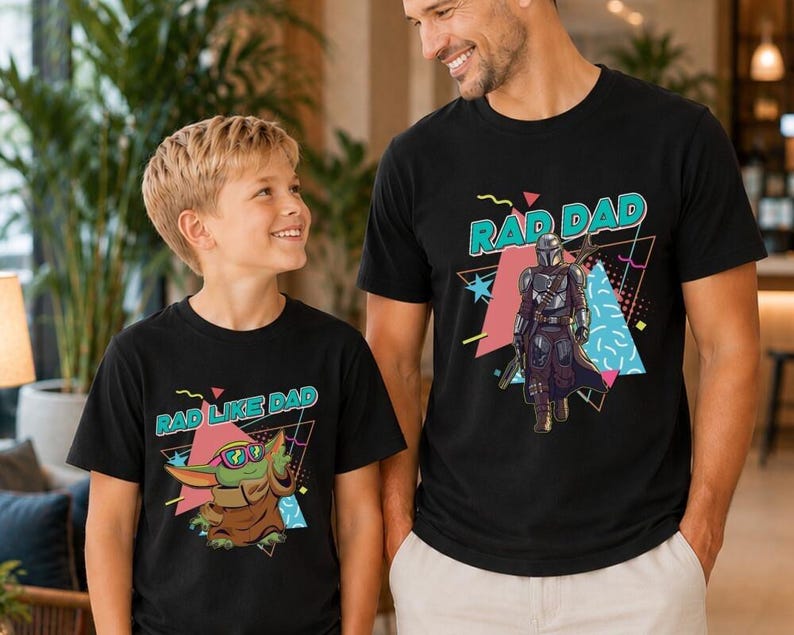 Rad Dad Mandalorian and Baby Yoda Matching Shirt, Retro 90s StarWars Father Day Matching Shirts, Dad and Son Baby Yoda Tees image 2