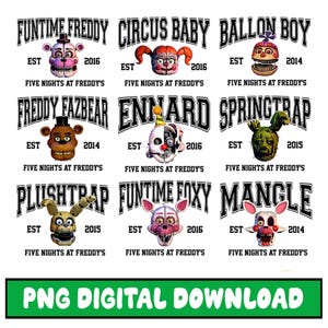 May include: A digital download graphic featuring characters from the Five Nights at Freddy's video game series. The image includes Funtime Freddy, Circus Baby, Balloon Boy, Freddy Fazbear, Ennard, Springtrap, Plushtrap, Funtime Foxy, and Mangle.