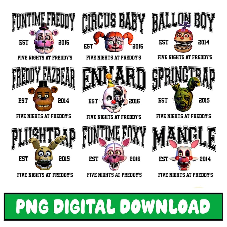 a collection of eight different character designs from the video game franchise Five Nights at Freddy's, including characters named Funtime Freddy, Circus Baby, Balloon Boy, Freddy Fazbear, Ennard, Spring Trap, Plush Trap, and Mangle.