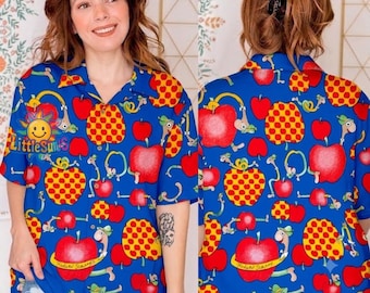 Richard Scarry Lowly Worm Hawaiian Shirt, Apple Button Up Shirt, Childrens Book Aloha Shirt, Richard Scarry Summer Shirt, Teacher Gift