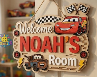 Personalized Cars Door Sign, Custom Son Daughter Bedroom Name Sign, Wooden Name Plate For Boys Room Decor, Lightning Mcqueen Mater Wall Art