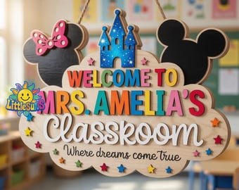 Disneyland Classroom Sign, Personalized Minnie Mouse Decor, Custom Teacher Name Plate, Wooden Door Hanger, School Room Decoration 43
