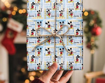 Papel de regalo personalizado de Mickey Mouse con nombre personalizado para fiestas de Disneyland. Papel de regalo de cumpleaños de Mickey y Minnie. Regalo de Disneyland 09