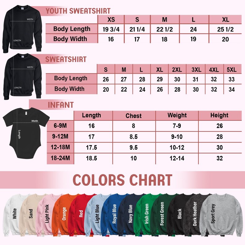 a youth sweatshirt and an infant sweatshirt with size charts and color charts, providing measurements and color options for each size category.