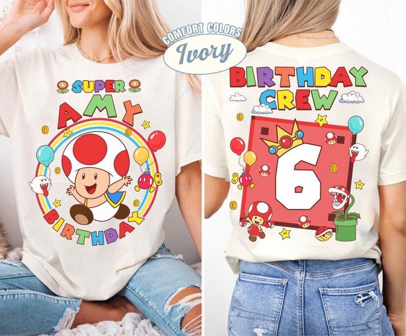 Custom Mario Toad Birthday Shirt, Super Mario Galaxy Movie Shirt, Epic Universe Mario Family Shirt, Mario Group Birthday Party Shirt -4 画像 2