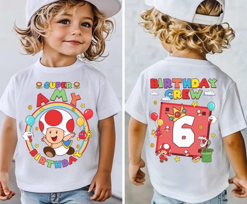 Custom Mario Toad Birthday Shirt, Super Mario Galaxy Movie Shirt, Epic Universe Mario Family Shirt, Mario Group Birthday Party Shirt -4 画像 3
