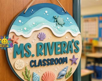 Personalized Ocean Wooden Sign,Custom Teacher Name Plate, Wooden Door Hanger, School Room Decoration, New Teacher Gift 43