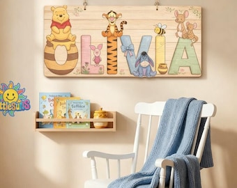 Personalized Disneyland Winnie The Pooh Nursery Wooden Sign, Custom Baby Room Decor, 3D Wood Wall Art, Pooh Bear Name Sign Gift, Room Decor