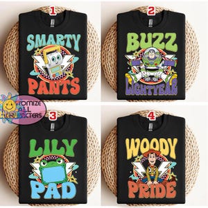 Camiseta de personajes de Toy Story de Pixar en Disneyland, camiseta de Woody, Buzz, Jessie y Bo Peep, camiseta personalizada para grupos, camiseta familiar para viajes a Disney. imagen 1